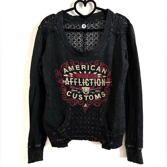NWOT Affliction Black Mineral Washed Jeweled Graphic Crochet Cotton Top Size S - Picture 9 of 9